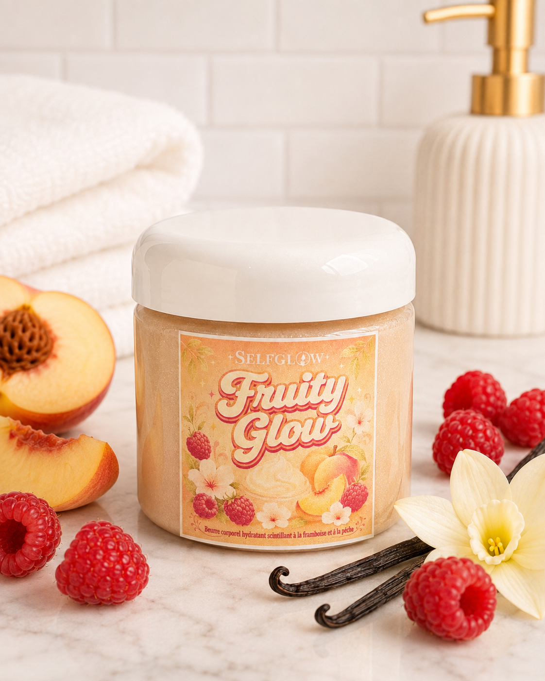 Beurre corporel scintillant d'aloe vera et de karité - Framboise et pêche